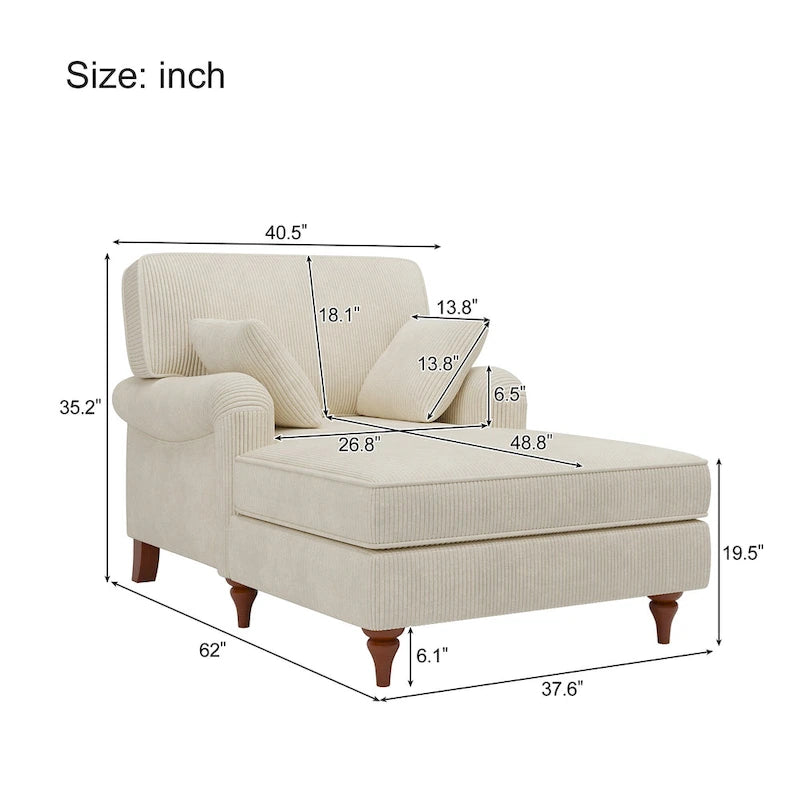 Chaise longue surdimensionnée de 102,9 cm avec 2 coussins confortables, accoudoirs roulés, tissu en velours côtelé, fauteuil-lit pour salon et chambre