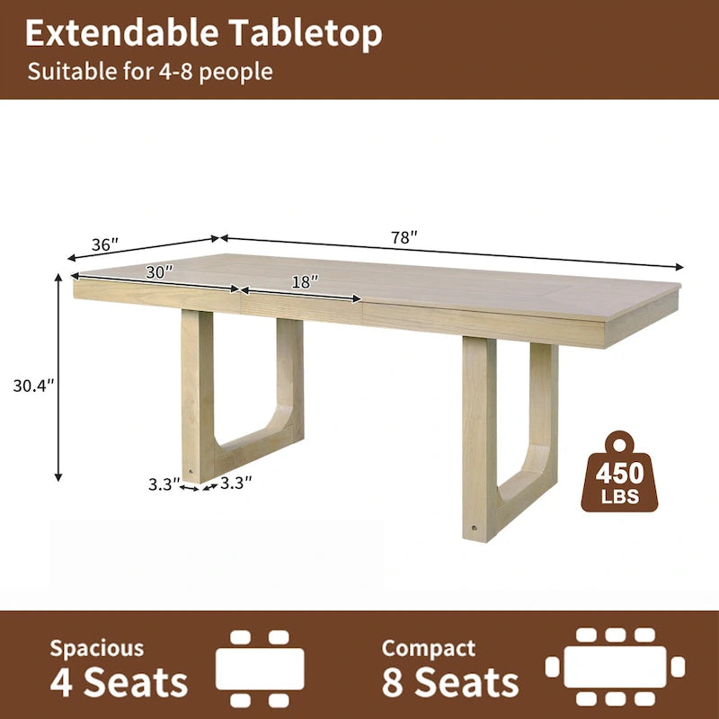 Table à manger extensible 60-78 po, table de cuisine en bois style ferme avec rallonge amovible, grande table extensible pour 4 à 8 personnes