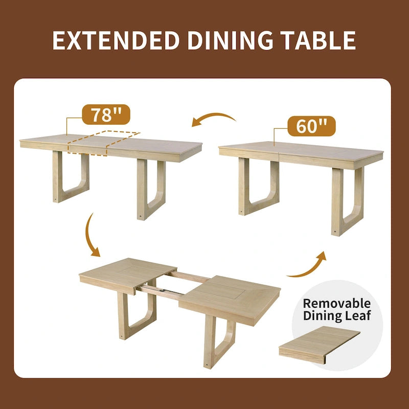 Table à manger extensible 60-78 po, table de cuisine en bois style ferme avec rallonge amovible, grande table extensible pour 4 à 8 personnes