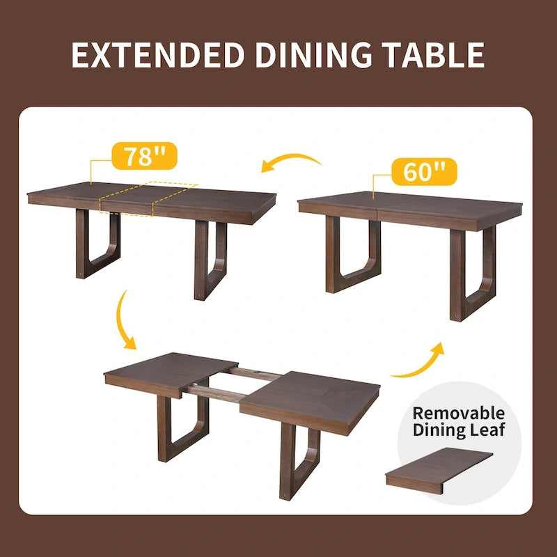 Table à manger extensible 60-78 po, table de cuisine en bois style ferme avec rallonge amovible, grande table extensible pour 4 à 8 personnes