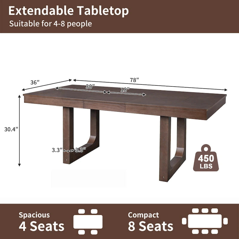 Table à manger extensible 60-78 po, table de cuisine en bois style ferme avec rallonge amovible, grande table extensible pour 4 à 8 personnes