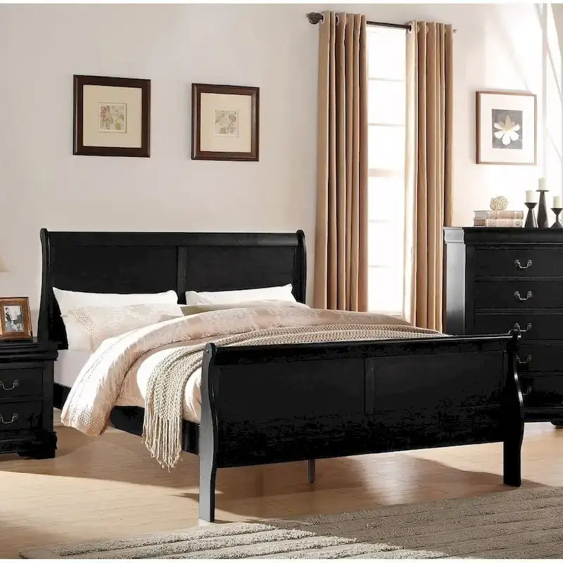 Lit double extra-large de style transitionnel en bois massif avec placages et quincaillerie en laiton