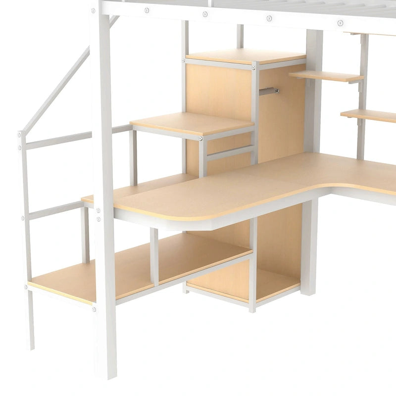 White Full Size Metal Loft Bed with Storage Staircase and Small Wardrobe, Built-in Desk and Storage Shelves