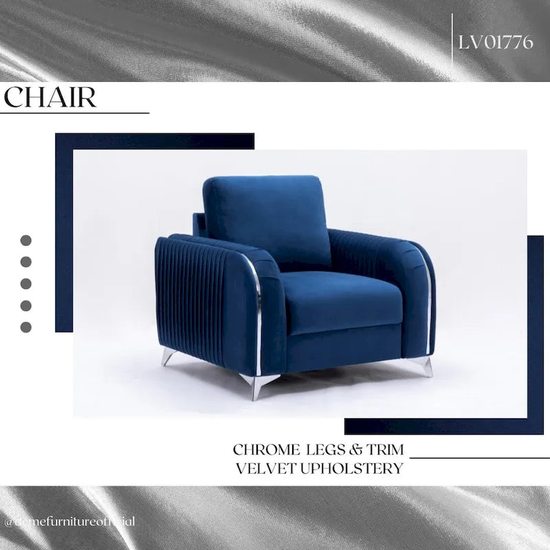 Fauteuil d'appoint moderne 38 en velours bleu avec pieds chromés polis et design plissé vertical