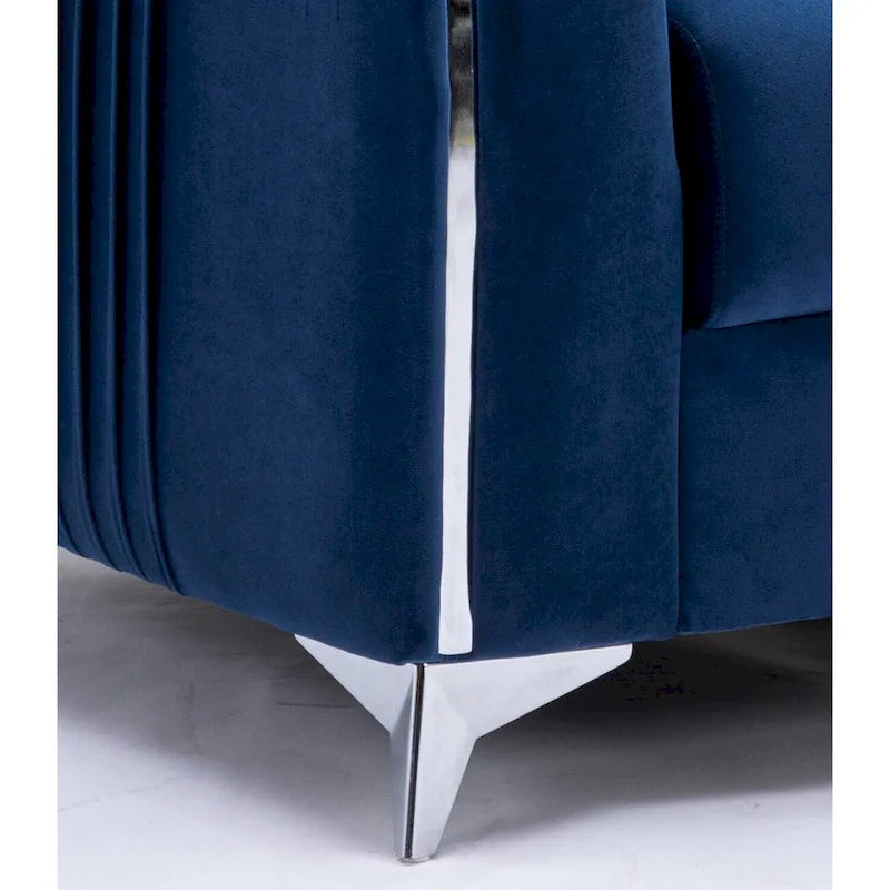 Fauteuil d'appoint moderne 38 en velours bleu avec pieds chromés polis et design plissé vertical