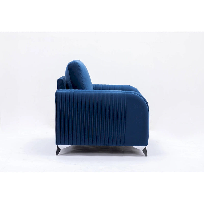 Fauteuil d'appoint moderne 38 en velours bleu avec pieds chromés polis et design plissé vertical