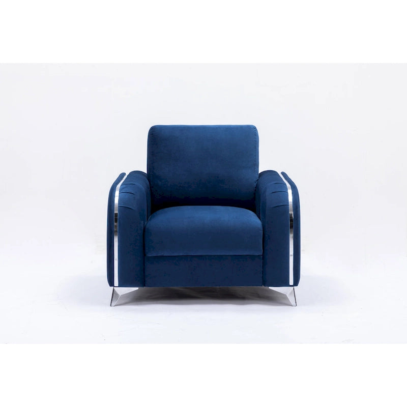 Fauteuil d'appoint moderne 38 en velours bleu avec pieds chromés polis et design plissé vertical