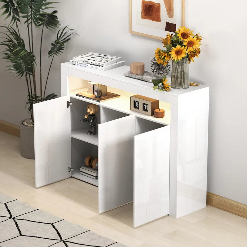Armoire de rangement moderne avec lumière LED, étagères et 3 portes pour couloir, salle à manger