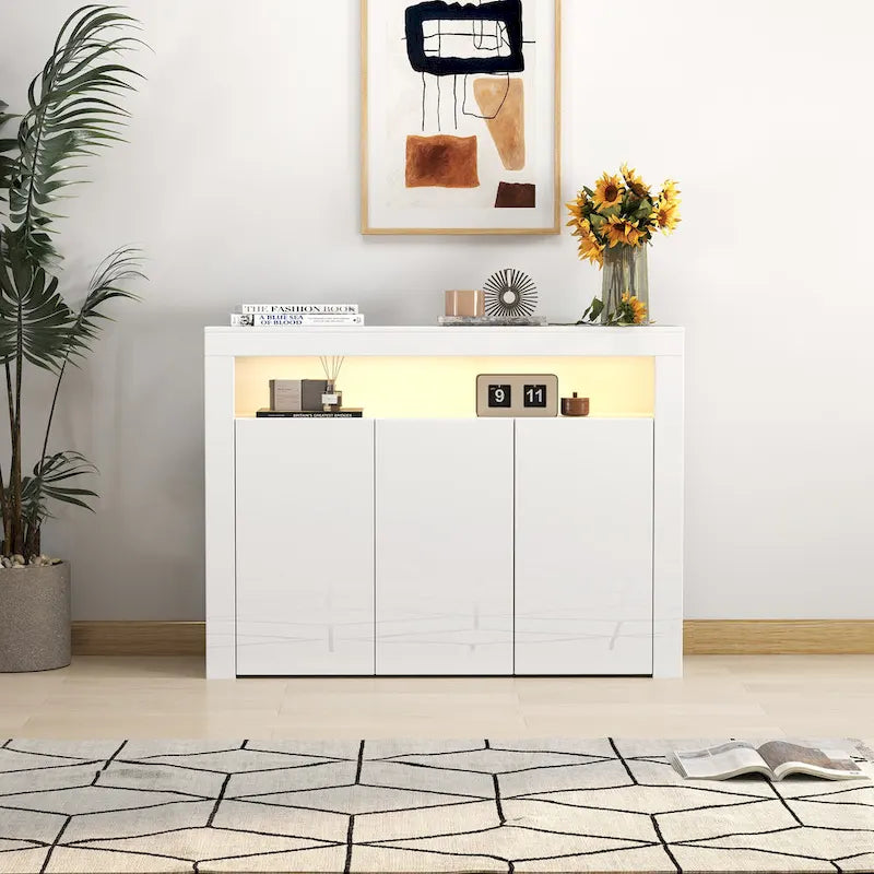 Armoire de rangement moderne avec lumière LED, étagères et 3 portes pour couloir, salle à manger