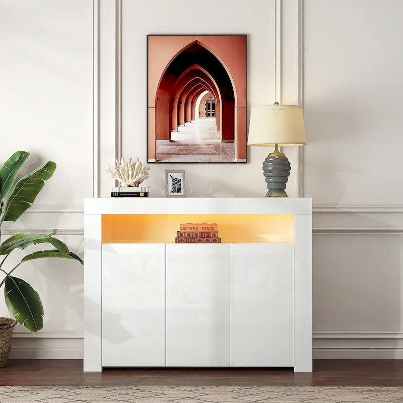 Armoire de rangement moderne avec lumière LED, étagères et 3 portes pour couloir, salle à manger