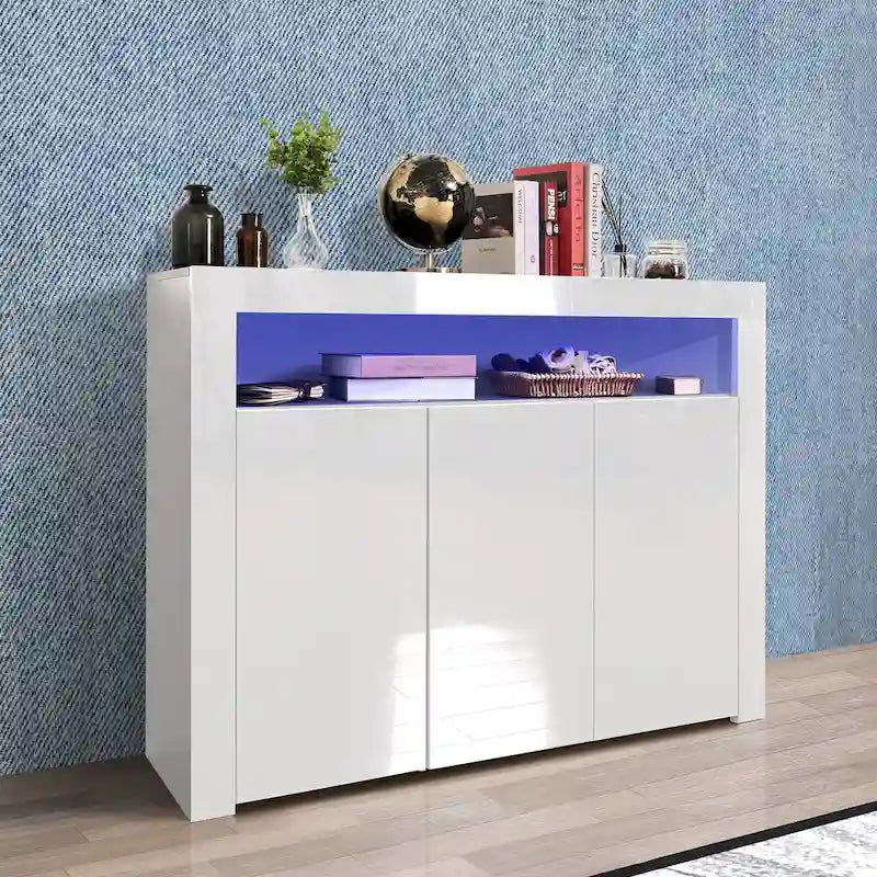 Armoire de rangement moderne avec lumière LED, étagères et 3 portes pour couloir, salle à manger