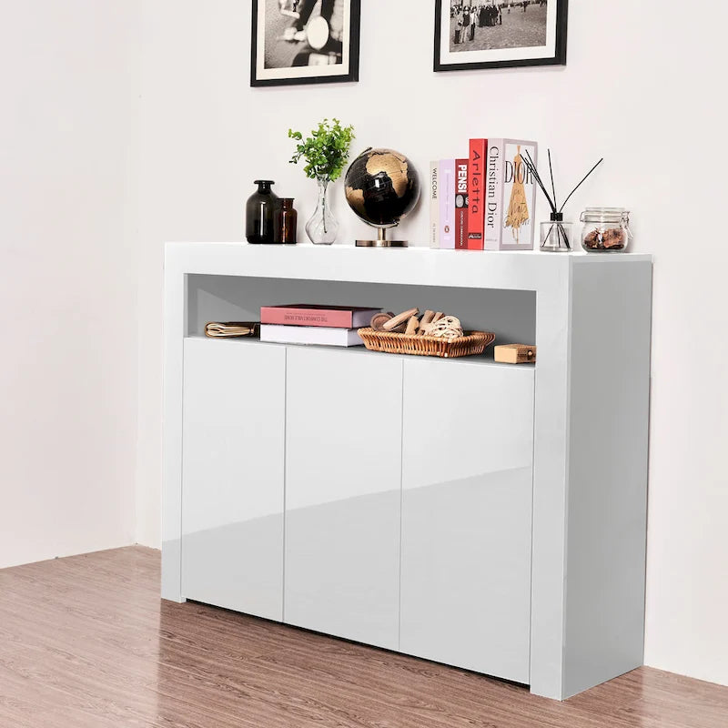 Armoire de rangement moderne avec lumière LED, étagères et 3 portes pour couloir, salle à manger