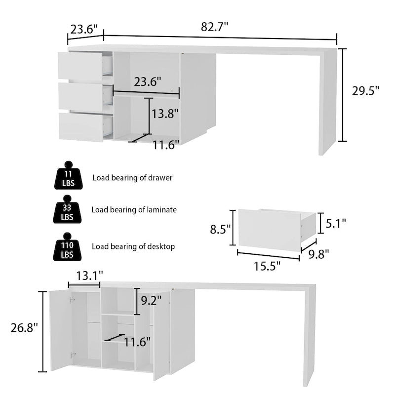 Table de salle à manger îlot de cuisine avec rangement et fonction repas - 82,7 po L