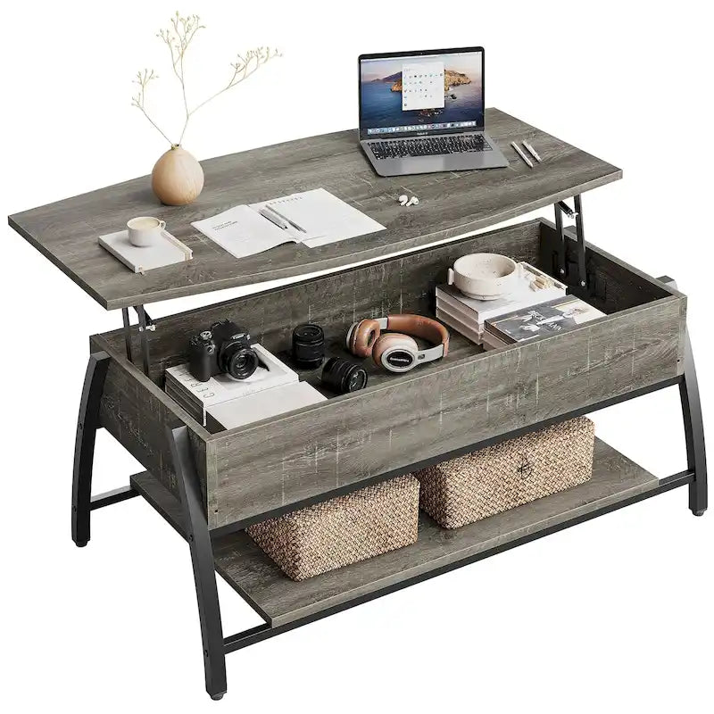 Table basse ovale en bois avec plateau relevable et étagères de rangement dissimulées - 105,4 cm