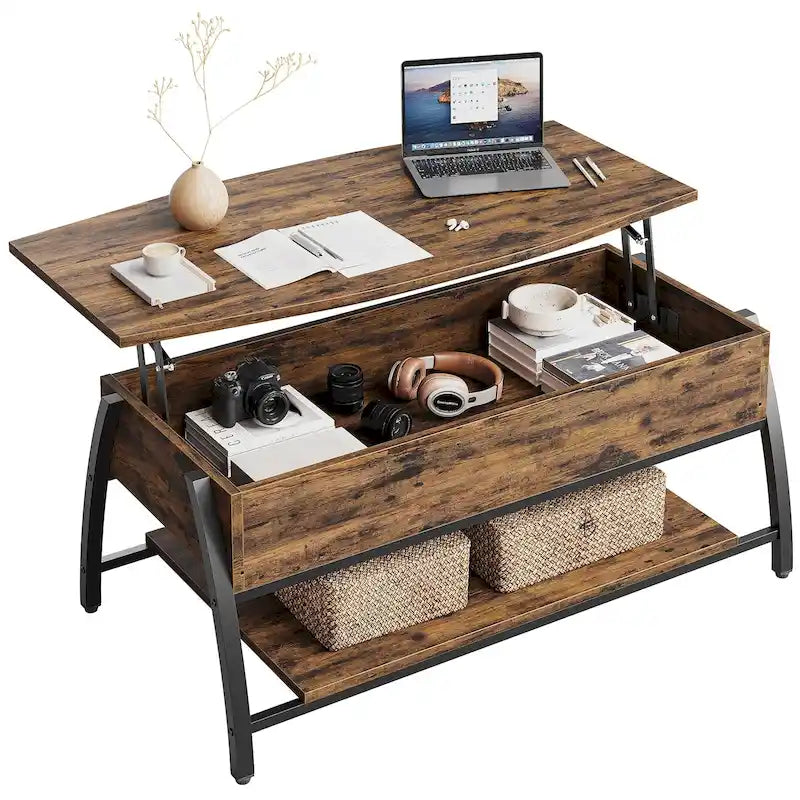Table basse ovale en bois avec plateau relevable et étagères de rangement dissimulées - 105,4 cm