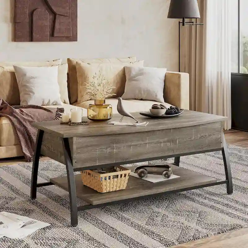 Lift Top Coffee Table Oval Wood Table with Hidden Storage Shelves - 41.5 inch