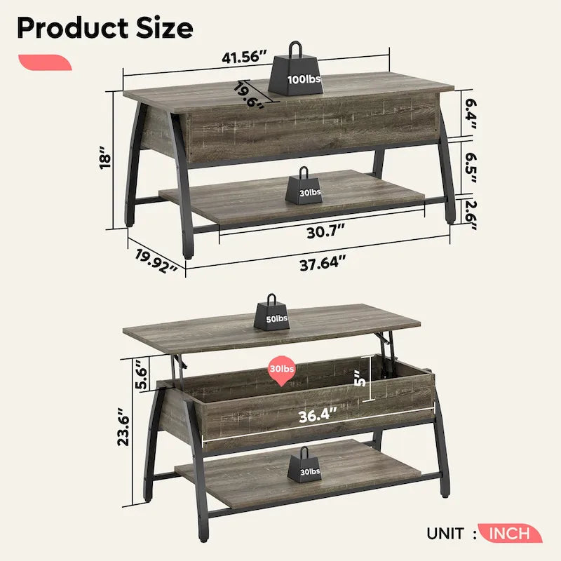 Table basse ovale en bois avec plateau relevable et étagères de rangement dissimulées - 105,4 cm