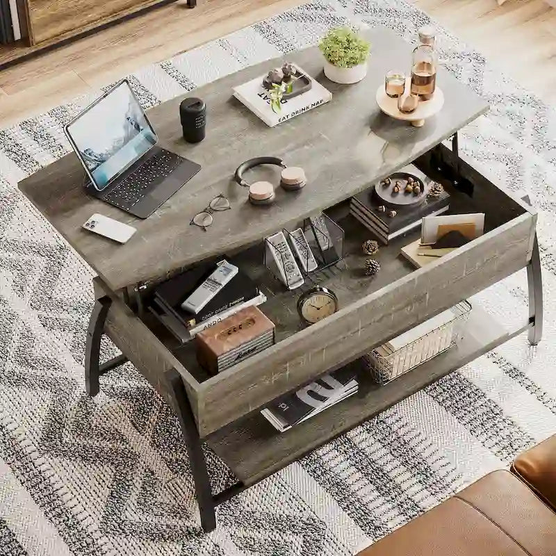 Table basse ovale en bois avec plateau relevable et étagères de rangement dissimulées - 105,4 cm