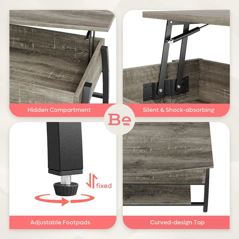 Table basse ovale en bois avec plateau relevable et étagères de rangement dissimulées - 105,4 cm