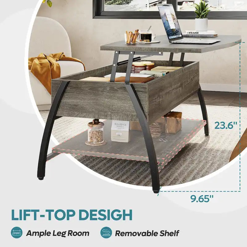Table basse ovale en bois avec plateau relevable et étagères de rangement dissimulées - 105,4 cm