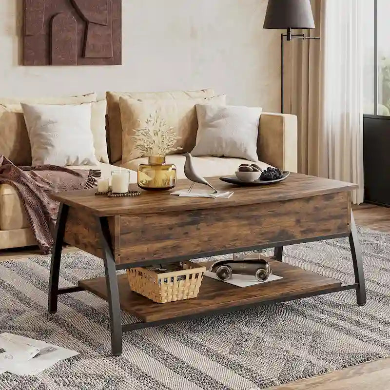 Table basse ovale en bois avec plateau relevable et étagères de rangement dissimulées - 105,4 cm