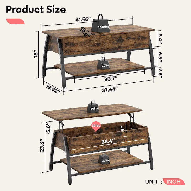 Table basse ovale en bois avec plateau relevable et étagères de rangement dissimulées - 105,4 cm