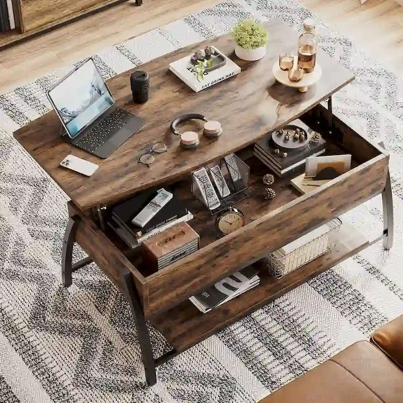 Table basse ovale en bois avec plateau relevable et étagères de rangement dissimulées - 105,4 cm