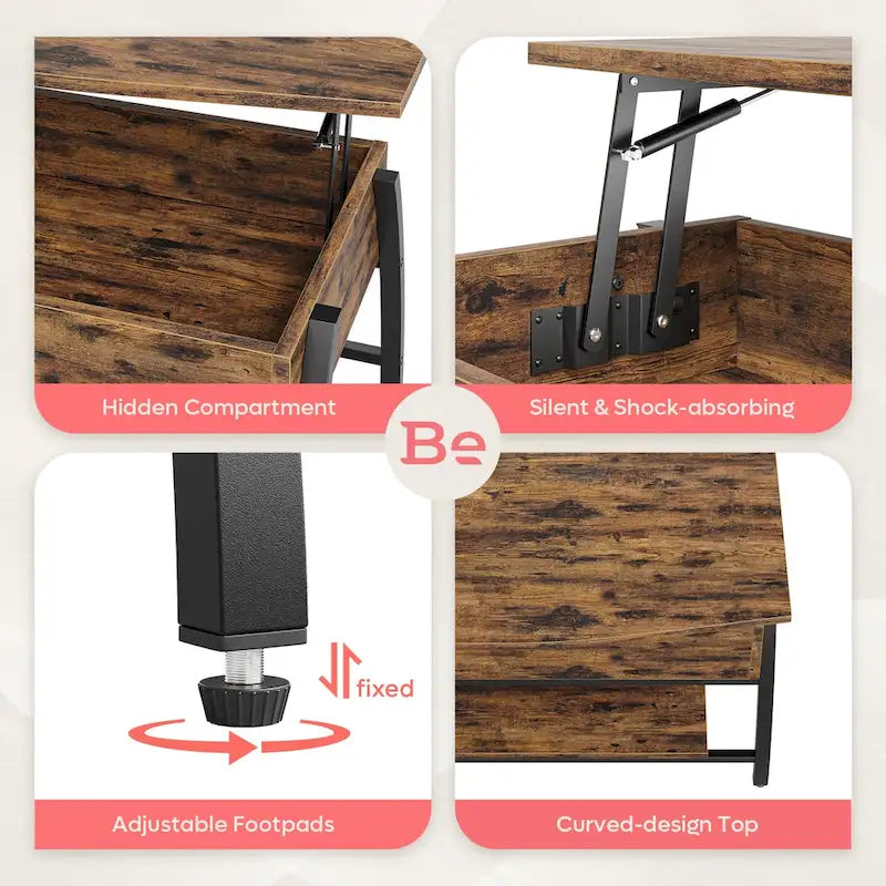 Table basse ovale en bois avec plateau relevable et étagères de rangement dissimulées - 105,4 cm