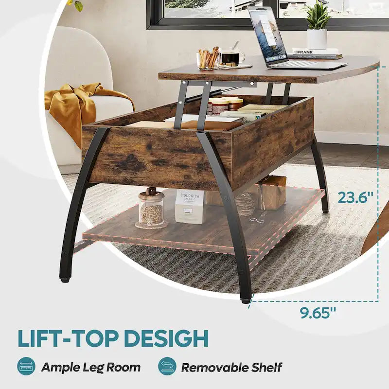 Table basse ovale en bois avec plateau relevable et étagères de rangement dissimulées - 105,4 cm