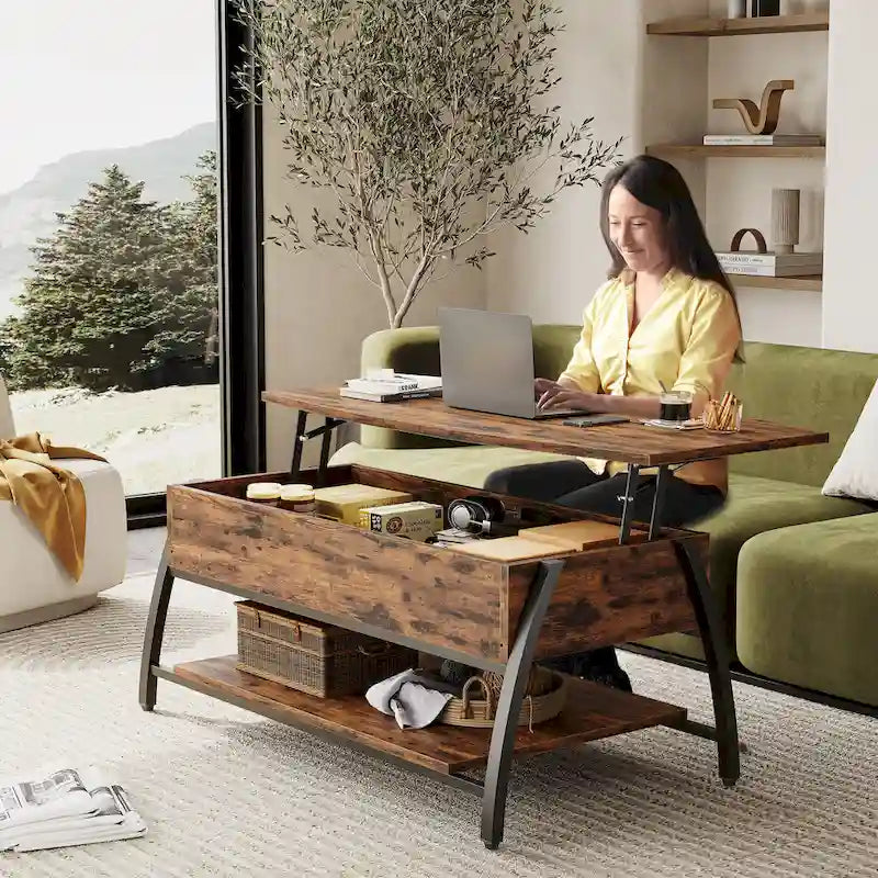 Table basse ovale en bois avec plateau relevable et étagères de rangement dissimulées - 105,4 cm
