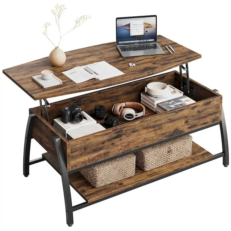 Table basse ovale en bois avec plateau relevable et étagères de rangement dissimulées - 105,4 cm