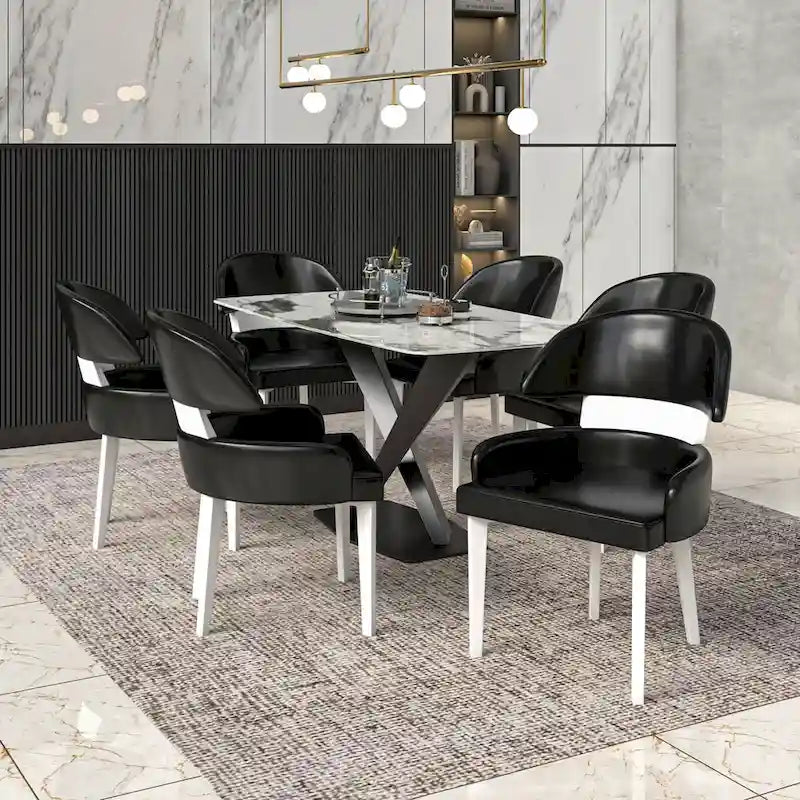 Chaise de salle à manger en cuir avec dossier incurvé en hévéa