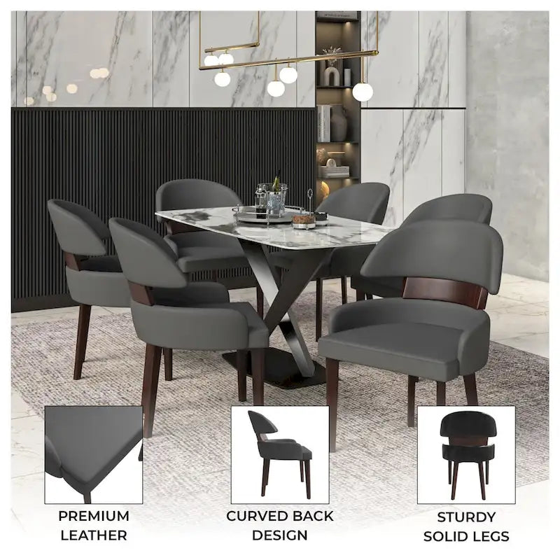 Chaise de salle à manger en cuir avec dossier incurvé en hévéa