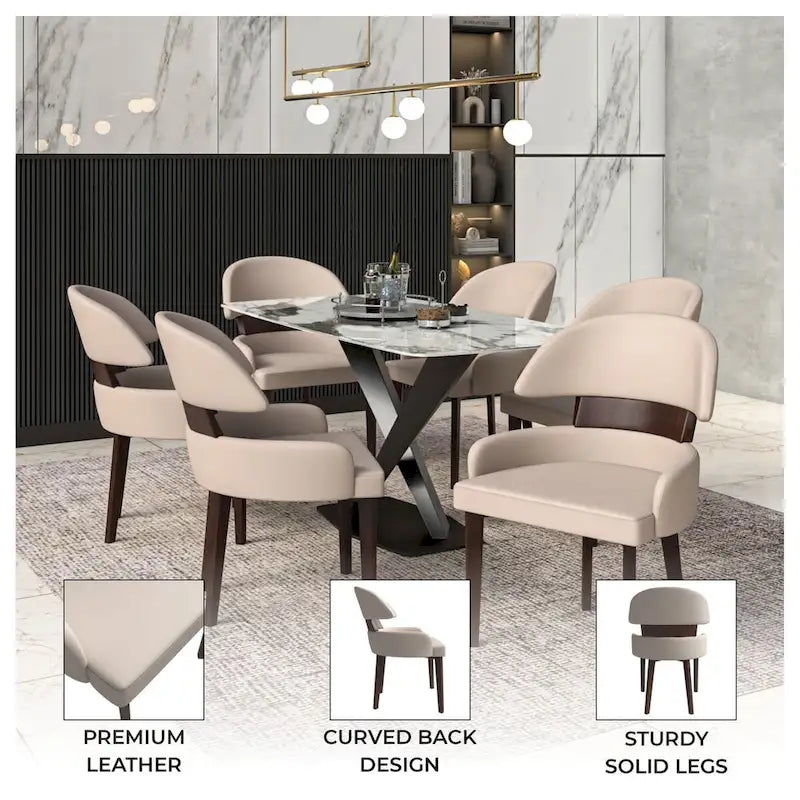 Chaise de salle à manger en cuir avec dossier incurvé en hévéa