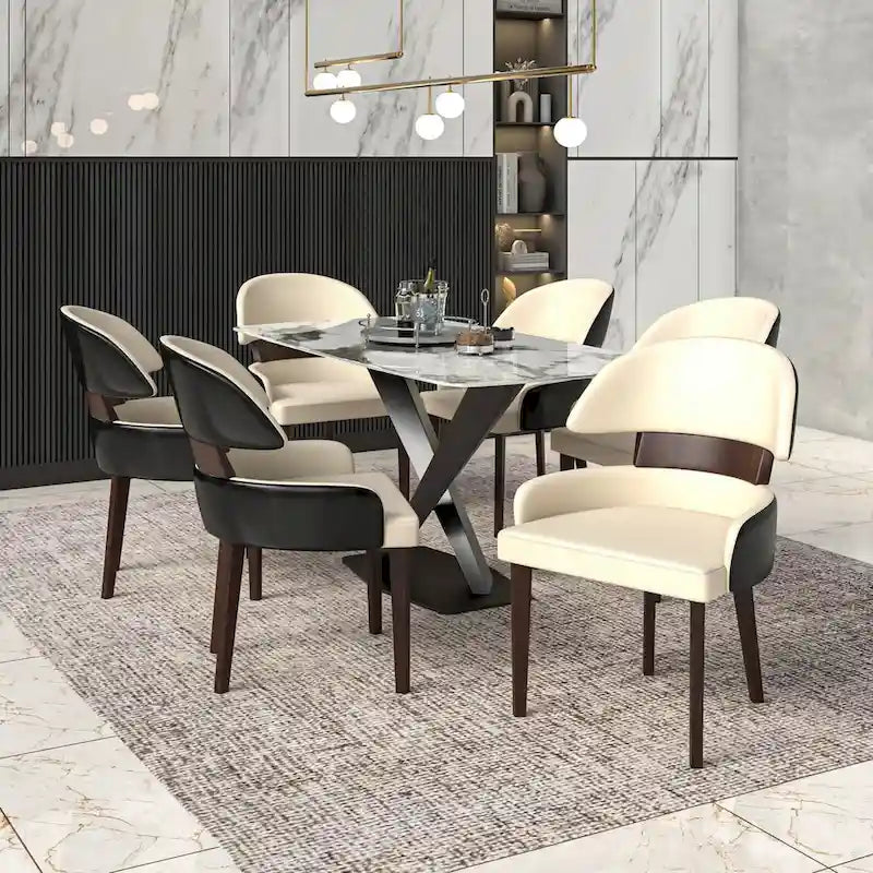 Chaise de salle à manger en cuir avec dossier incurvé en hévéa