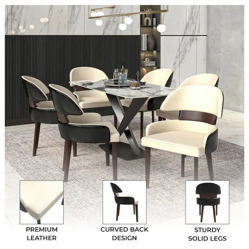 Chaise de salle à manger en cuir avec dossier incurvé en hévéa