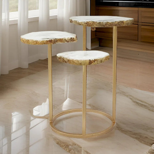 18 Inch Accent Side Table, 3 Tier Design, White Agate Top, Gold Iron Base