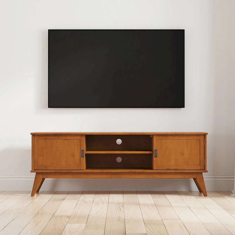 MEUBLE TÉLÉ MODERNE EN BOIS MASSIF, 183 cm de large, couleur Teck Marron, pour téléviseurs jusqu'à 203 cm